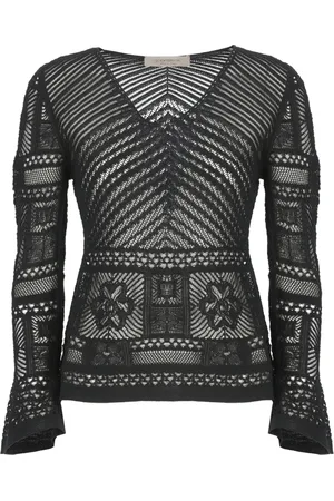 D.EXTERIOR Strik, Dame, Sort, XS, Bomuld, Sort V-hals sweater med blonder detaljer