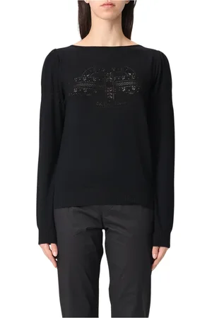 Twin-Set Strik, Dame, Sort, M, Bådudskæring Sweaters
