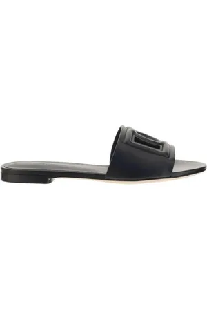 Dolce & Gabbana Sko, Dame, Sort, 37 EU, Præget Logo Sandaler med Flad Sål