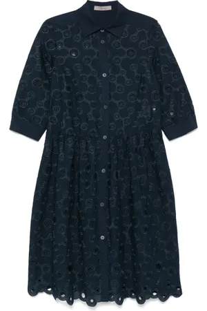 D.EXTERIOR Kjole, Dame, Blå, XL, Bomuld, Navy Broderet Midi Kjole