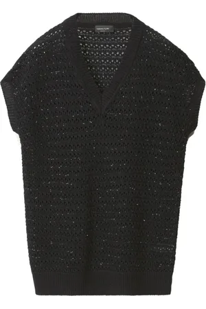 Fabiana Filippi Strik, Dame, Sort, XL, Sort Paillet Applikation V-hals T-shirt