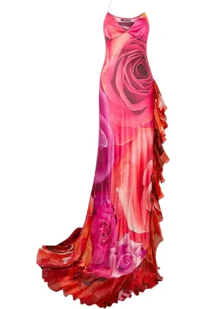 Roberto Cavalli Kjole, Dame, Lyserød, S, Rose Print Flounce Silkekjole