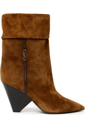 Saint Laurent Sko, Dame, Brun, 37 EU, Uld, Brun Ruskind Ankelstøvler med Keglehæl