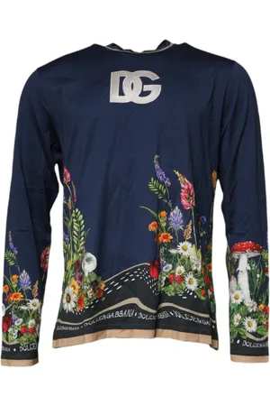 Dolce & Gabbana Top, Herre, Blå, 2XL, Bomuld, Blå Blomstret CrewNeck Pullover Sweater