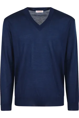 VALENTINO GARAVANI Strik, Herre, Blå, M, Uld, Signatur V-hals uldsweater