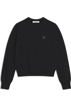 Maison Kitsuné Strik, Dame, Sort, S, Uld, Rævehoved Patch Merino Uld Sweater