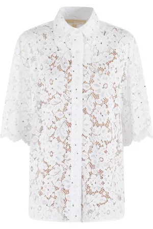 Michael Kors Bluser & Skjorter, Dame, Hvid, XS, Blomstret blonder skjorte med nitter