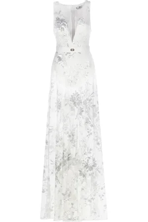 Elisabetta Franchi Kjole, Dame, , S, Tyl, Ivory Tyl Pailletter V-Hals Kjole
