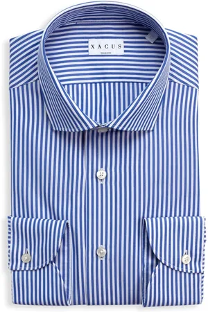 Xacus Skjorte, Herre, Blå, 2XL, Bomuld, Stribet Popeline Tailor Fit Skjorte