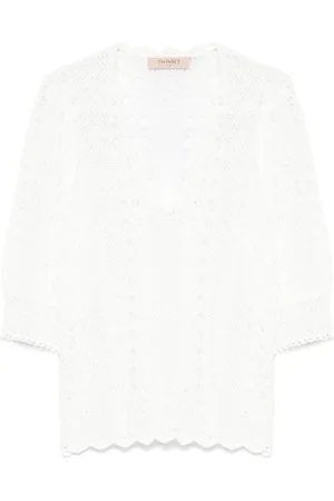 Twin-Set Strik, Dame, Hvid, XS, Hvide Skjorter med Skallopkant