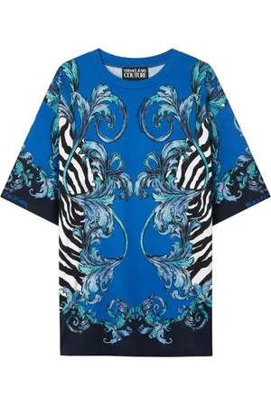 VERSACE Top, Herre, Blå, L, Bomuld, Barocco Zebra T-Shirt Blå Mænd