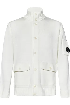 C.P. Company Strik, Herre, Hvid, L, Bomuld, Hvid Sweater med Høj Krave og Linse Detalje
