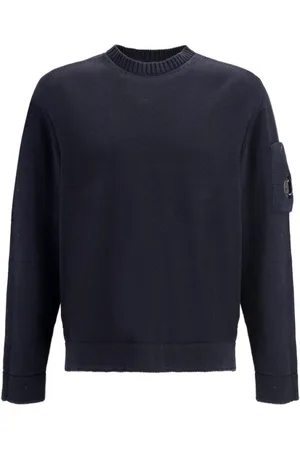 C.P. Company Strik, Herre, Blå, XL, Bomuld, Bomuld Crew Neck Sweater med Ærme lomme