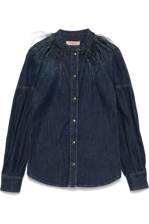 Twin-Set Bluser & Skjorter, Dame, Blå, XS, Denim, Blå denim skjorte med fjer detaljer