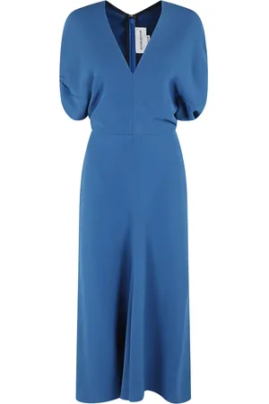 Victoria Beckham Kjole, Dame, Blå, M, Blå Blouson Detalje Midi Kjole