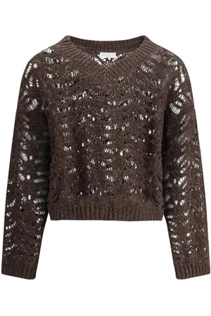 Brunello Cucinelli Strik, Dame, Brun, L, Chic Linen Sequin Sweater