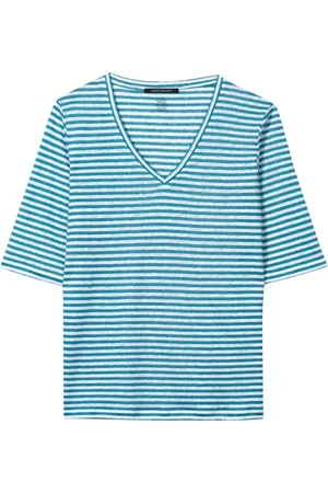 Luisa Cerano Top, Dame, Blå, S, Linned, Stribet Linned T-Shirt med V-Hals