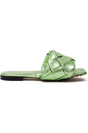 Bottega Veneta Sko, Dame, Grøn, 37 EU, Læder, Flade sandaler med firkantet tå og vævet detalje