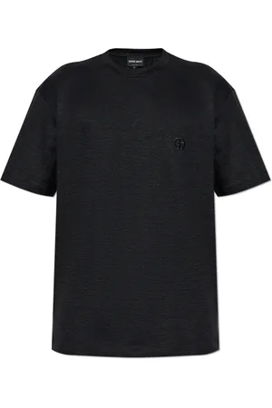 Giorgio Armani Top, Herre, Sort, XL, Linned, Linned T-shirt med broderet logo