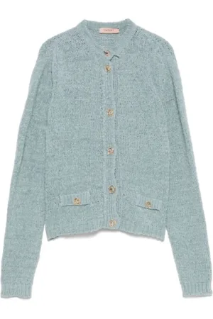 Twin-Set Strik, Dame, Blå, M, Strikket Cardigan med Gyldne Knapper