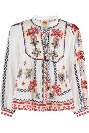 Farm Rio Bluser & Skjorter, Dame, Flerfarvet, S, Bomuld, Broderet Bluse i Hvid Voile Bomuld