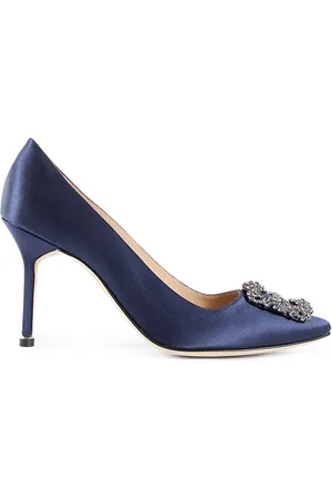 Manolo Blahnik Sko, Dame, Blå, 37 EU, Satin, Krystal spænde Navy Stiletto hæle