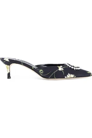Manolo Blahnik Sko, Dame, Sort, 40 EU, Læder, Blomsterprint Kitten Heel Sandaler