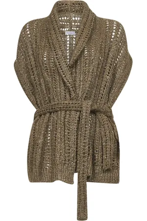 Brunello Cucinelli Strik, Dame, Brun, M, Polyester, Pailletbluse med sjalskrave