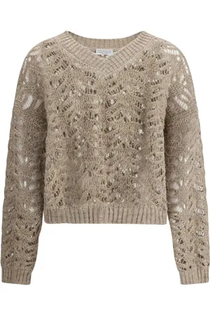 Brunello Cucinelli Strik, Dame, , L, Linned, Linned sweater med pailetapplikationer
