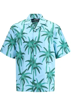 Jacquemus Skjorte, Herre, Blå, L, Bomuld, Palm Tree Print Cuban Collar Skjorte