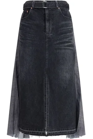SACAI Nederdel, Dame, Sort, M, Denim, Denim plisseret midi nederdel