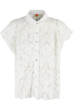 Farm Rio Bluser & Skjorter, Dame, Hvid, XS, Bomuld, Hvid Seashell Eyelet Skjorte