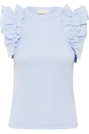 Karen by Simonsen Top, Dame, Blå, S, Uld, Ruffle Sleeve Tank Top Heather