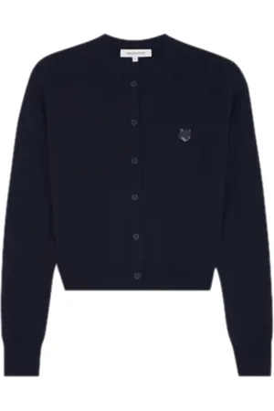 Maison Kitsuné Strik, Dame, Blå, XS, Uld, Rævehoved Cardigan Sweater