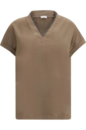 Brunello Cucinelli Top, Dame, Brun, S, Bomuld, Elegant Jewel Embellished V-Neck T-Shirt