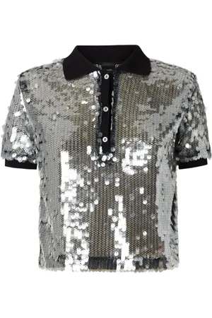 Pinko Top, Dame, Sort, 2XS, Polyester, Paillet Mesh Polo Skjorte