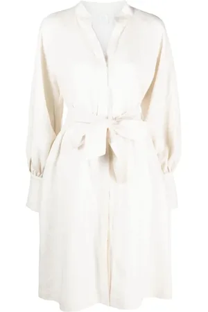 ELEVENTY Kjole, Dame, , M, Linned, Linned Midi Kjole med Puff Ærmer