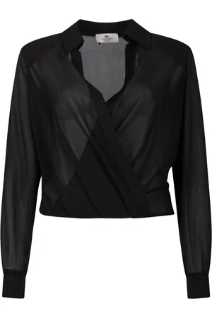 Elisabetta Franchi Bluser & Skjorter, Dame, Sort, L, Uld, Sort Georgette Draperet Skjorte med Juvelmanchetter