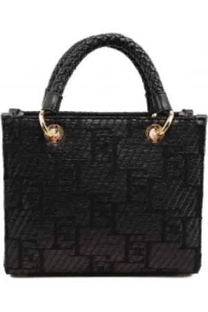 Elisabetta Franchi Taske, Dame, Sort, ONE SIZE, Bomuld, Lille Raffia Shopper med Jacquard Logo