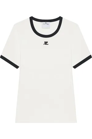 Courrèges Top, Dame, Hvid, XS, Bomuld, Signatur Kontrast T-shirt til kvinder