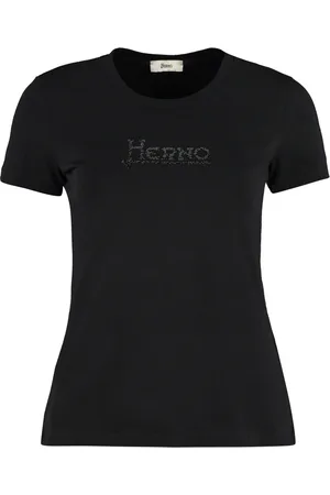 HERNO Top, Dame, Sort, L, Bomuld, Bomuld crew-neck T-shirt med rhinstenstryk