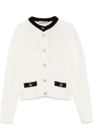 Twin-Set Strik, Dame, Hvid, S, Uld, Strikket Cardigan med Gyldne Knapper