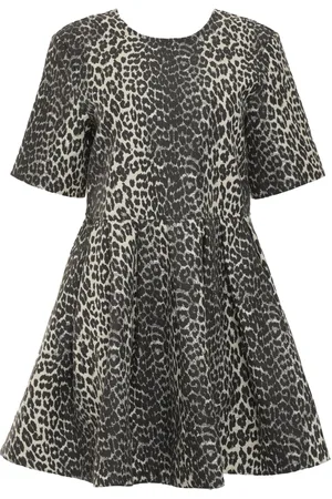 Ganni Kjole, Dame, Sort, M, Uld, Leopard Mini Kjole med Fuldt Skørt
