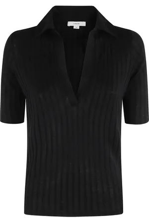 Vince Top, Dame, Sort, XS, Bomuld, Sort Bomuld Ribbet Polo Albueærme
