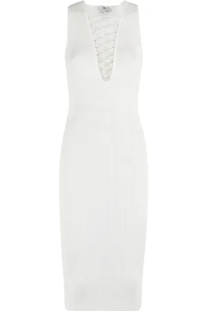 Elisabetta Franchi Kjole, Dame, Hvid, XS, Ivory Strik Kjole med V-Hals