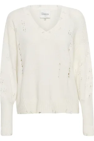 My Essential Wardrobe Strik, Dame, Hvid, M, Uld, V-Neck Pullover Sweater med Huller