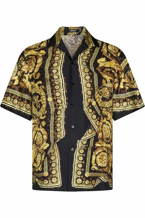 VERSACE Skjorte, Herre, Flerfarvet, M, Uld, Sort Ss25 kortærmet silkeskjorte