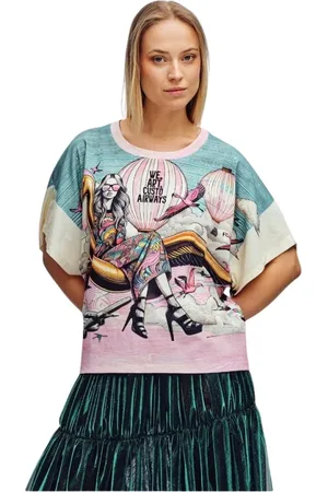 Custo Barcelona Top, Dame, Flerfarvet, S, Bomuld, Flamingo Wide Sleeve Round Neck T-shirt