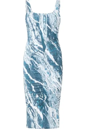 Roberto Cavalli Kjole, Dame, Blå, M, Uld, Marmorprint Midi Kjole