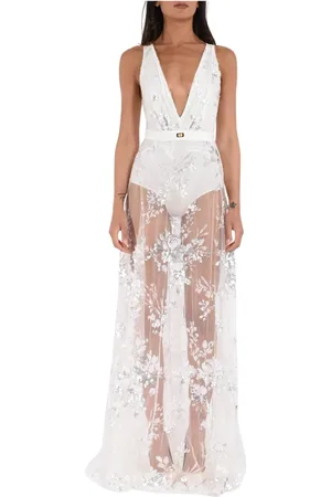 Elisabetta Franchi Kjole, Dame, Hvid, S, Paillet Broderet Lang Kjole